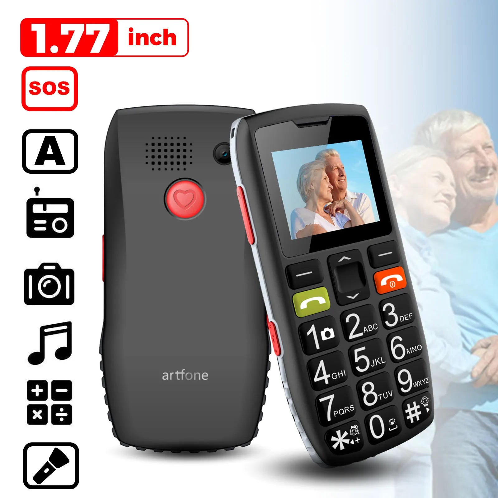 Bar Senior Mobile Phone Artfone C1+ With Free Charging Dock C1 Big Rubber Keypad  For Elderly Dual Sim One Key SOS FM 1400mAh Senioralive